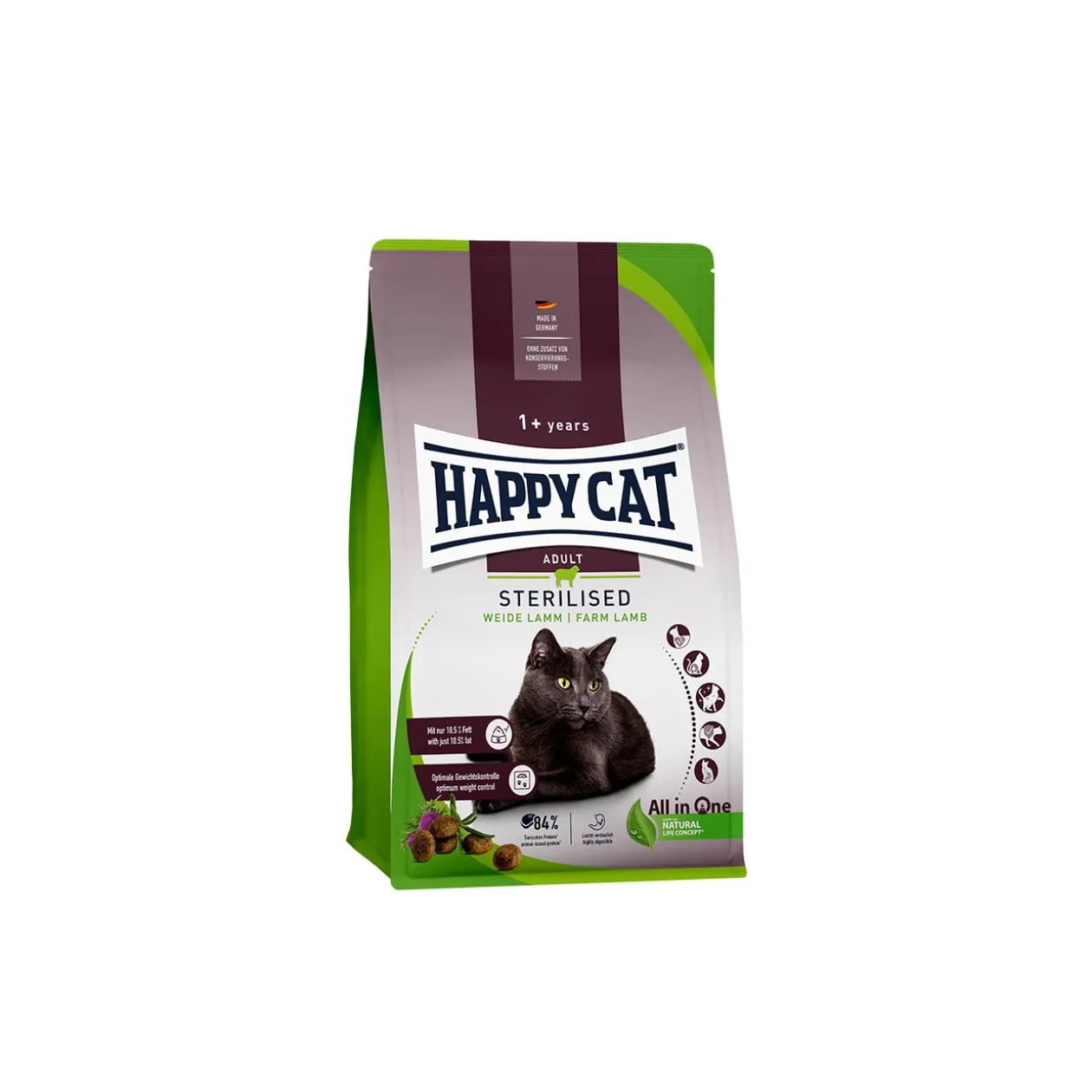 HAPPY CAT Sterilised Croquettes Chat Adulte, Agneau de Prairie 1,3 kg