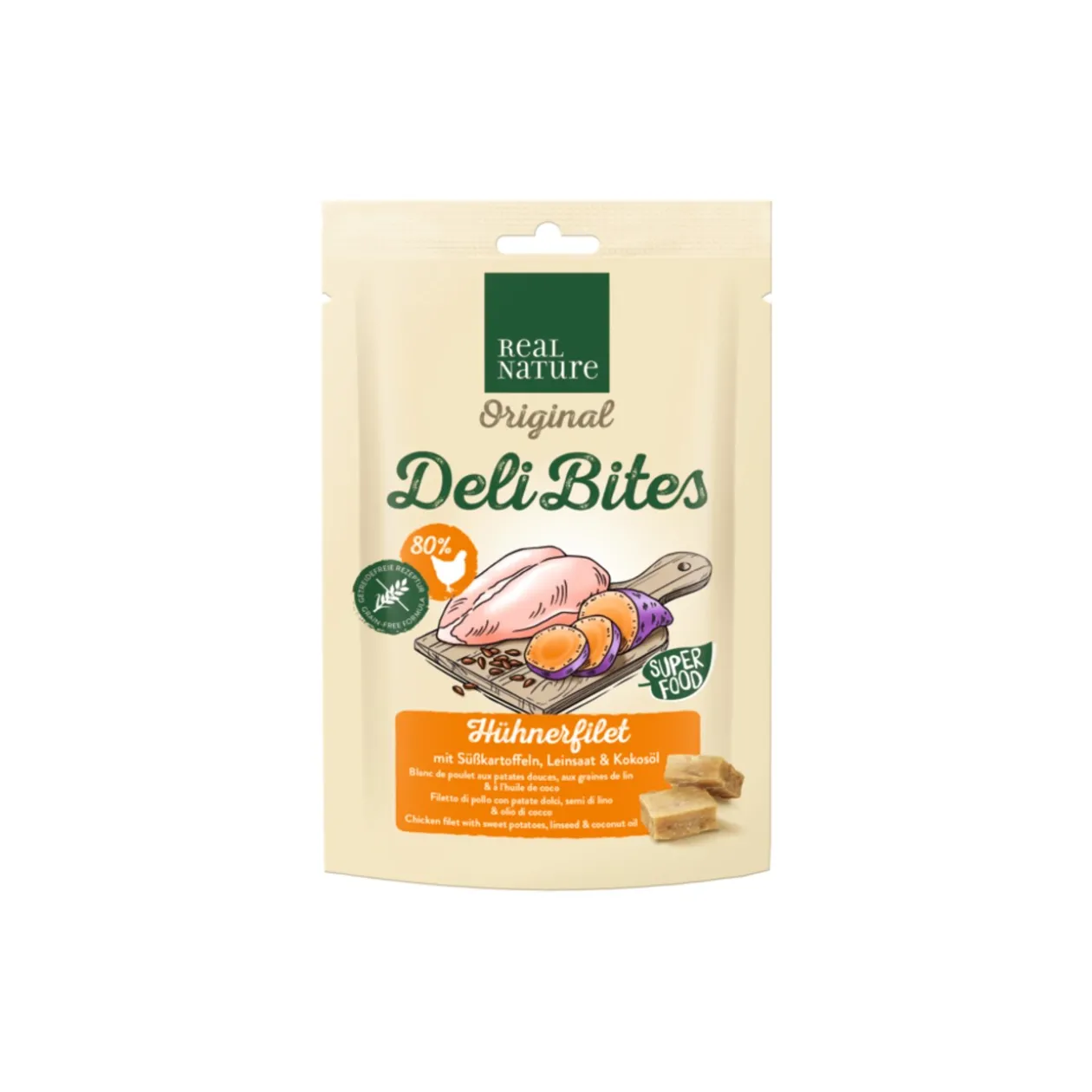 REAL NATURE Original Deli Bites 150 g Filet de poulet aux patates douces, aux graines de lin et à l’huile de coco