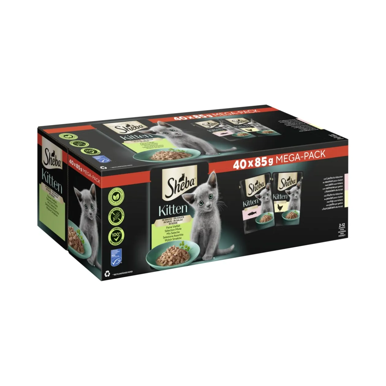 Sheba Multipack Mega-Pack Kitten en sauce Fine variété au saumon, au poulet MSC 40 x 85 g