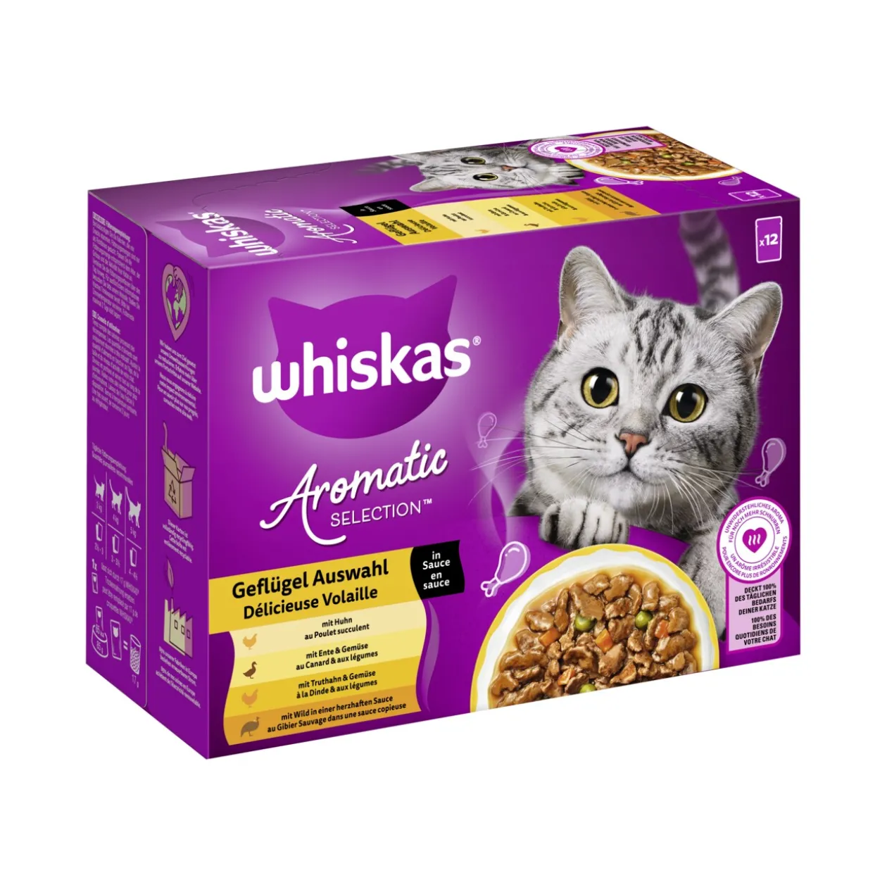 Whiskas nourriture humide pour chat adulte, multipack, 1+ sélection de volaille, en sauce 12x85 g